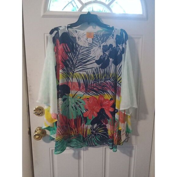2X Ruby Rd Top Braziliant Sheer Tropical Floral Poncho & Navy Blue Tank Top NWT - Picture 2 of 8